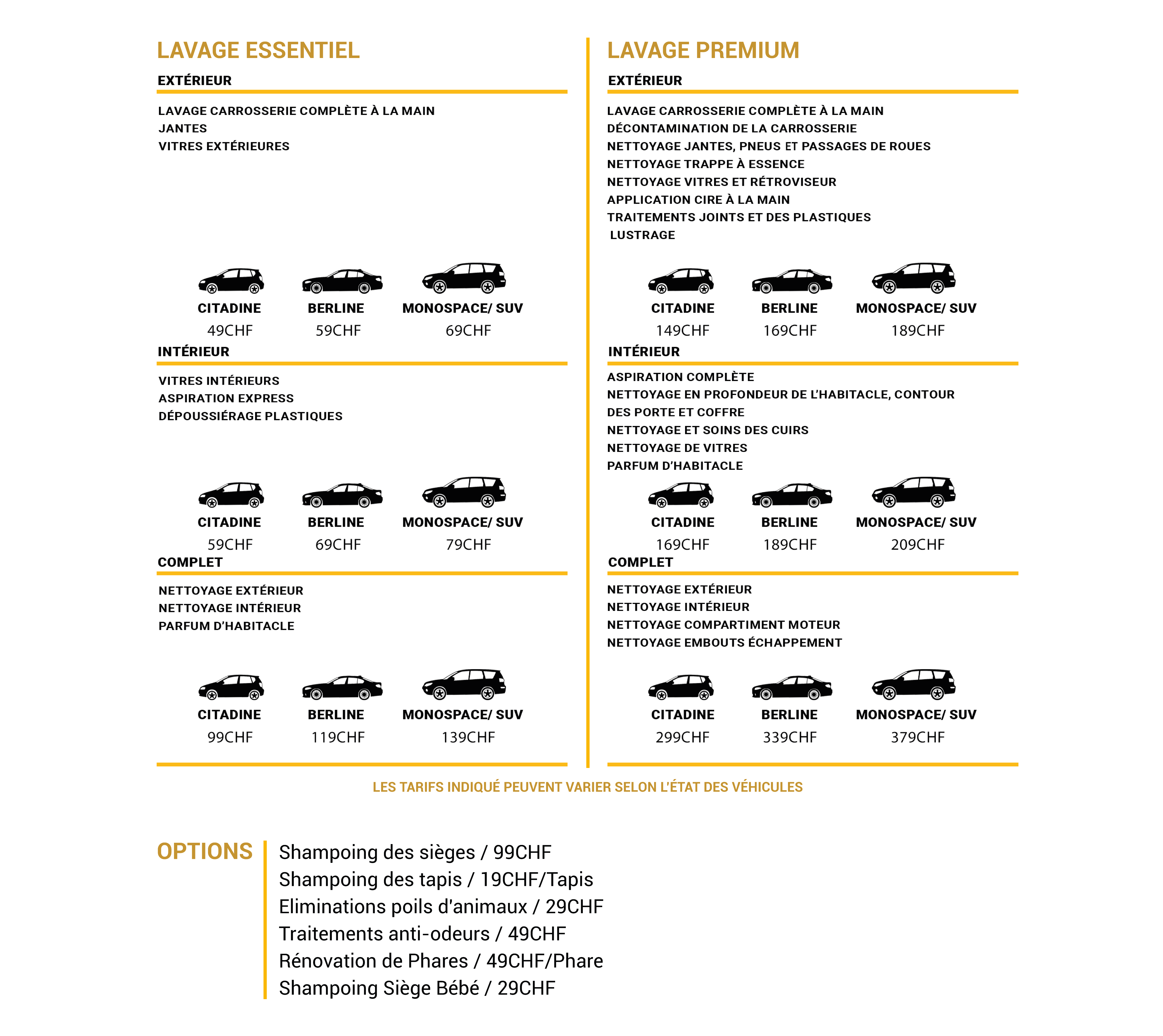 Liste des tarifs lavage écologique
